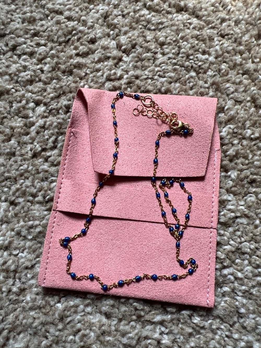 Gold filled enamel chocker with blue beads 14” + 2”